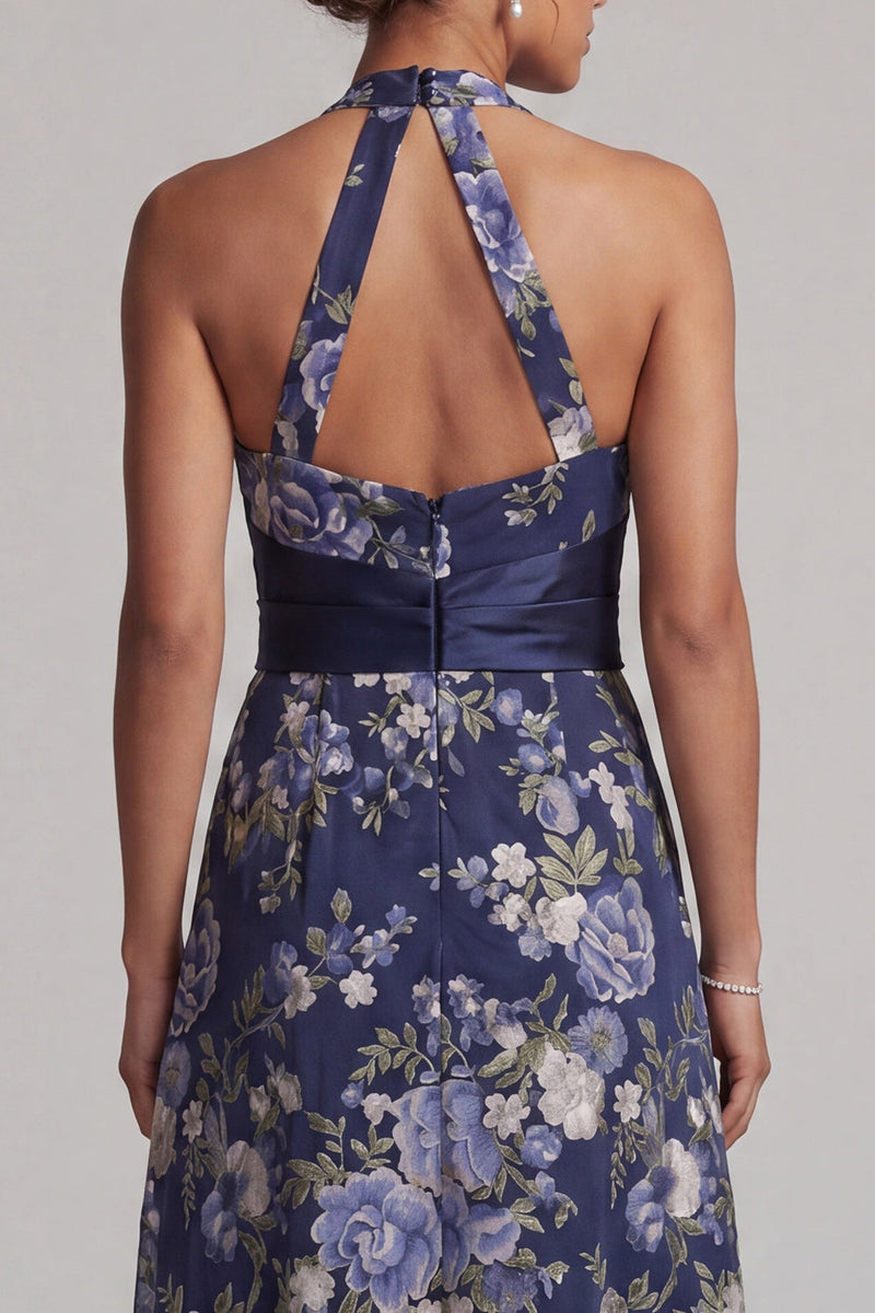 Laden Sie das Bild in den Galerie-Viewer, Marineblauer A-Linien-Neckholderhals Blumen-Midi-Mutter-der-Braut-Kleid