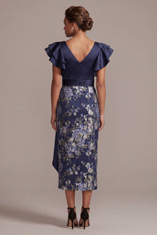 Marineblauer floraler Bodycon V-Ausschnitt mit Rüschen Midi-Mutter-der-Braut-Kleid mit Schlitz