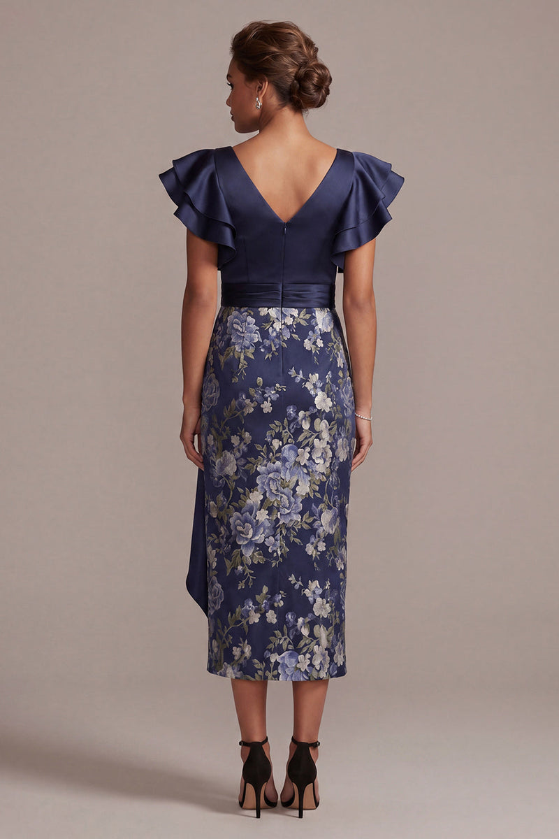 Laden Sie das Bild in den Galerie-Viewer, Marineblauer floraler Bodycon V-Ausschnitt mit Rüschen Midi-Mutter-der-Braut-Kleid mit Schlitz