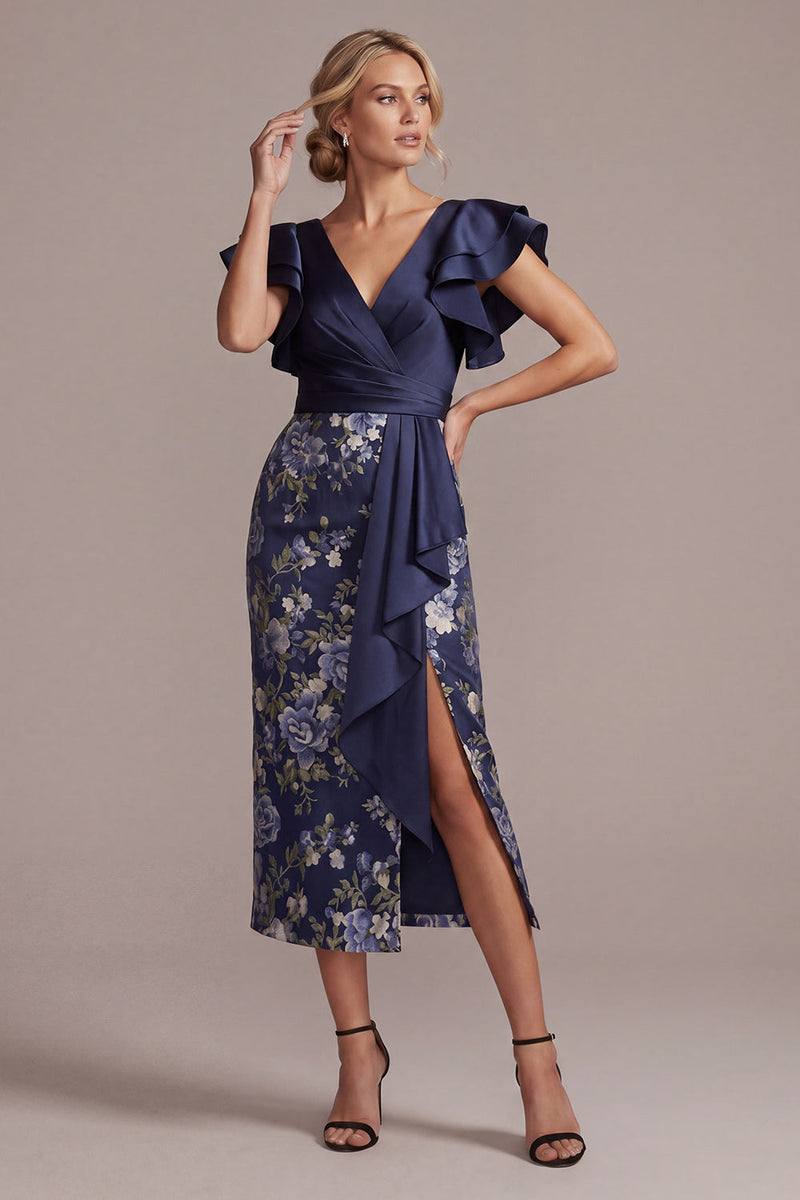 Laden Sie das Bild in den Galerie-Viewer, Marineblauer floraler Bodycon V-Ausschnitt mit Rüschen Midi-Mutter-der-Braut-Kleid mit Schlitz