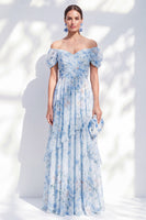 Laden Sie das Bild in den Galerie-Viewer, A-Linie blaues schulterfreies Chiffon-Chiffon-Blümchen, langes Mutter-der-der-Braut-Kleid
