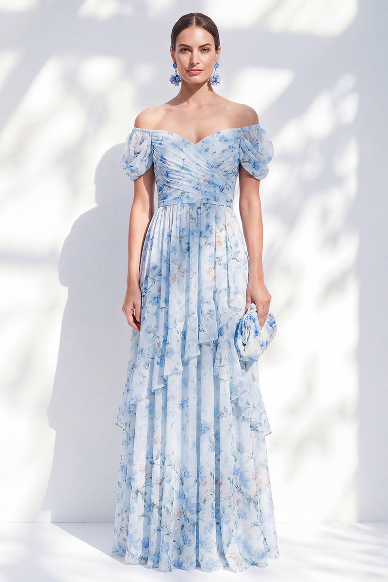Laden Sie das Bild in den Galerie-Viewer, A-Linie blaues schulterfreies Chiffon-Chiffon-Blümchen, langes Mutter-der-der-Braut-Kleid