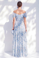 Laden Sie das Bild in den Galerie-Viewer, A-Linie blaues schulterfreies Chiffon-Chiffon-Blümchen, langes Mutter-der-der-Braut-Kleid