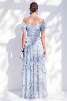 A-Linie blaues schulterfreies Chiffon-Chiffon-Blümchen, langes Mutter-der-der-Braut-Kleid