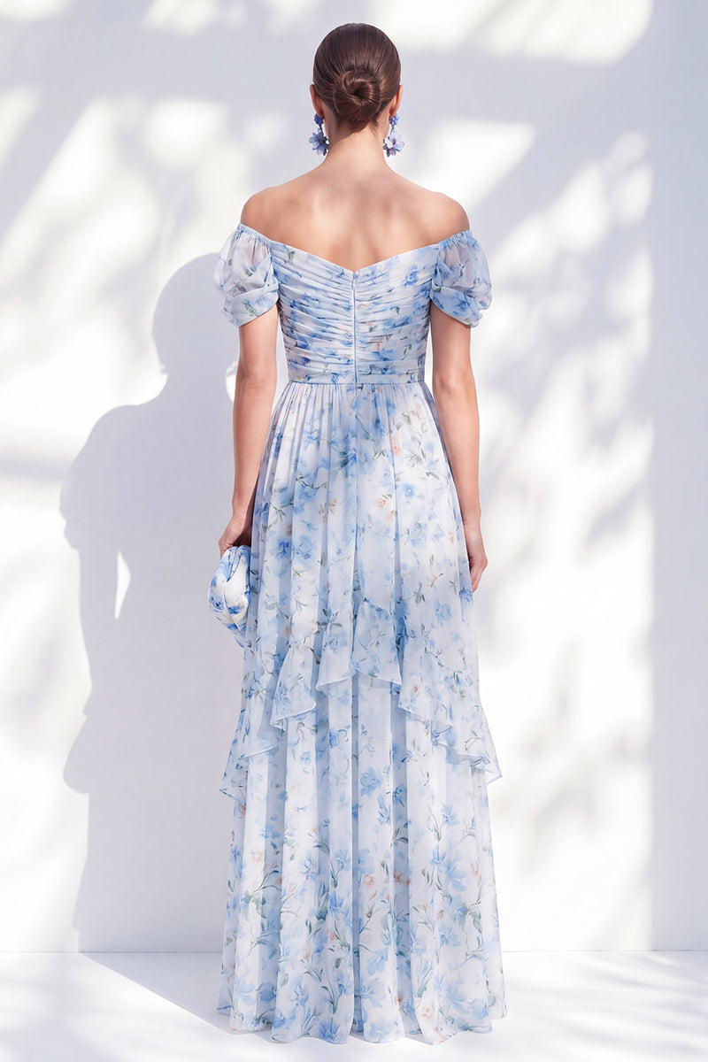 Laden Sie das Bild in den Galerie-Viewer, A-Linie blaues schulterfreies Chiffon-Chiffon-Blümchen, langes Mutter-der-der-Braut-Kleid