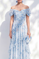 Laden Sie das Bild in den Galerie-Viewer, A-Linie blaues schulterfreies Chiffon-Chiffon-Blümchen, langes Mutter-der-der-Braut-Kleid