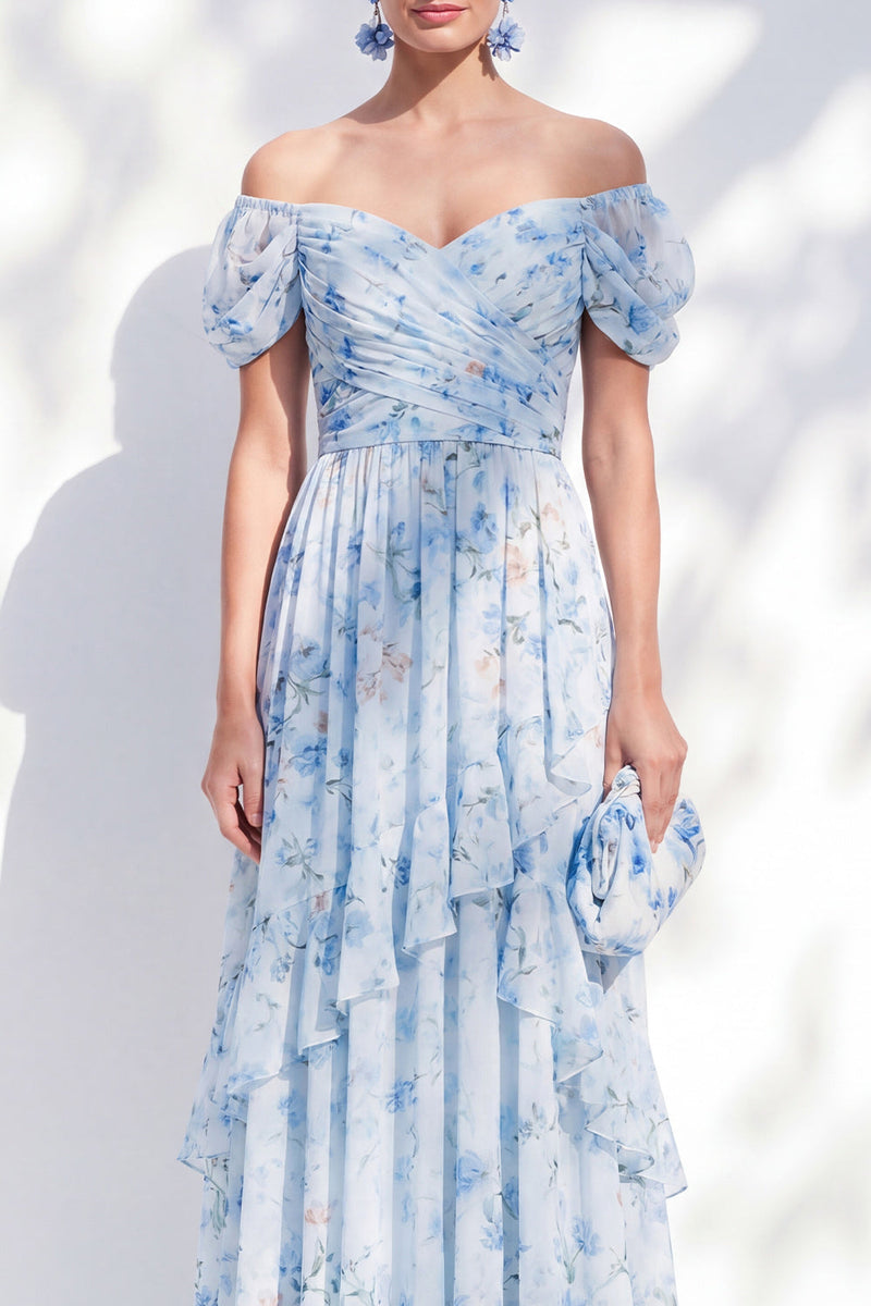 Laden Sie das Bild in den Galerie-Viewer, A-Linie blaues schulterfreies Chiffon-Chiffon-Blümchen, langes Mutter-der-der-Braut-Kleid