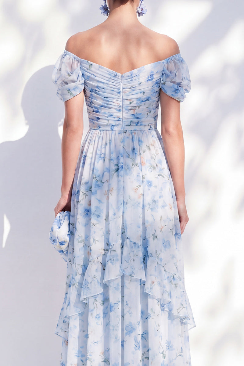 Laden Sie das Bild in den Galerie-Viewer, A-Linie blaues schulterfreies Chiffon-Chiffon-Blümchen, langes Mutter-der-der-Braut-Kleid