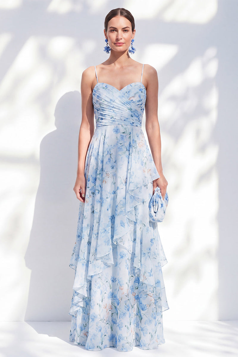 Laden Sie das Bild in den Galerie-Viewer, A-Linie blaue Chiffon-Blumen-Spaghettiträger mit gerafften langen Mutter-der-Braut-Kleid
