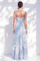 Laden Sie das Bild in den Galerie-Viewer, A-Linie blaue Chiffon-Blumen-Spaghettiträger mit gerafften langen Mutter-der-Braut-Kleid