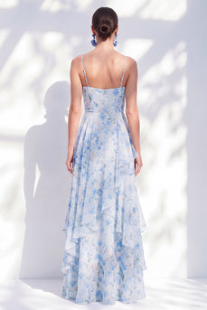 A-Linie blaue Chiffon-Blumen-Spaghettiträger mit gerafften langen Mutter-der-Braut-Kleid