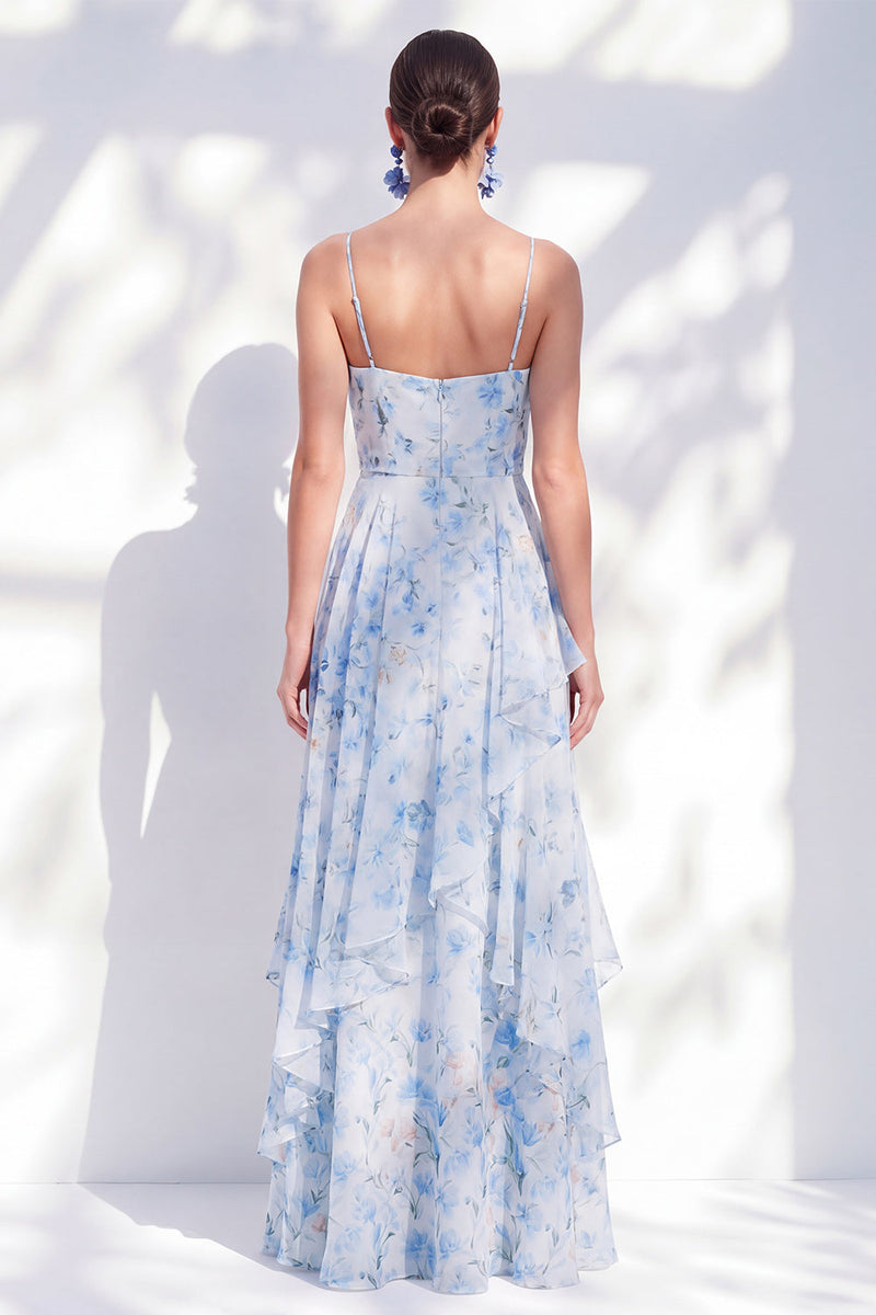 Laden Sie das Bild in den Galerie-Viewer, A-Linie blaue Chiffon-Blumen-Spaghettiträger mit gerafften langen Mutter-der-Braut-Kleid