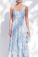 Laden Sie das Bild in den Galerie-Viewer, A-Linie blaue Chiffon-Blumen-Spaghettiträger mit gerafften langen Mutter-der-Braut-Kleid