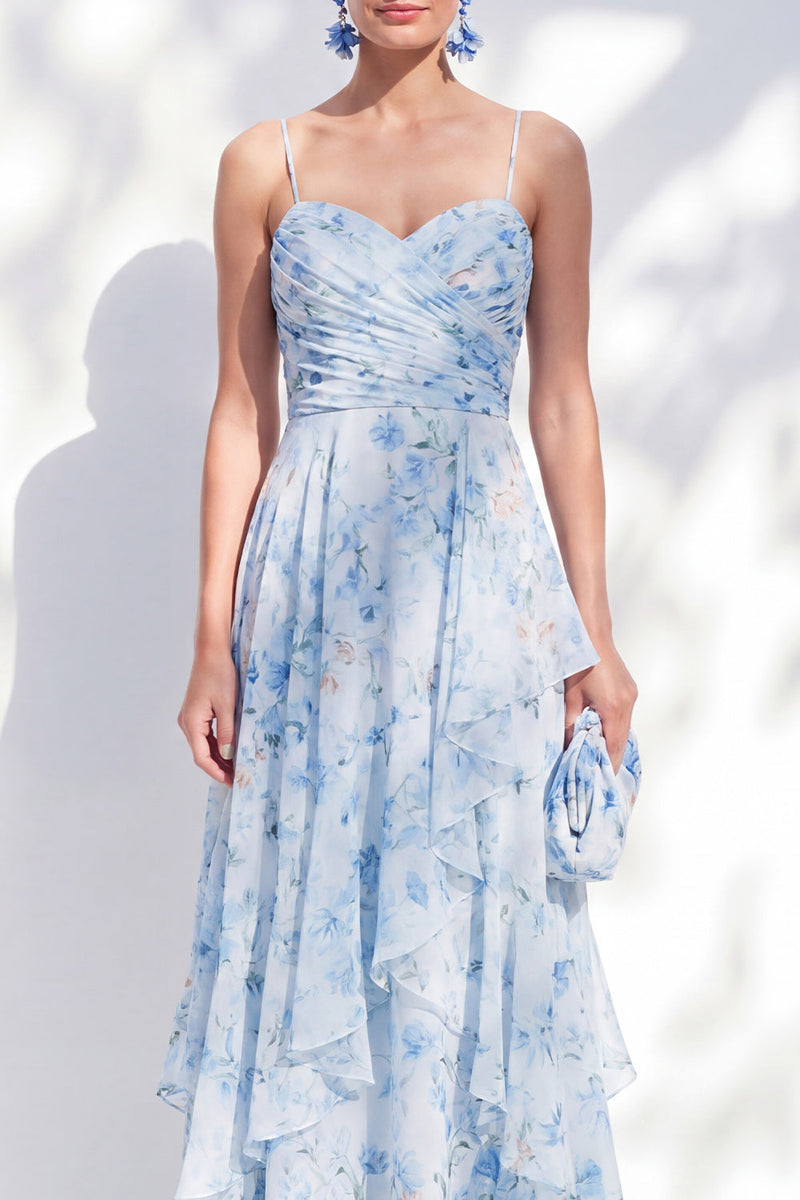 Laden Sie das Bild in den Galerie-Viewer, A-Linie blaue Chiffon-Blumen-Spaghettiträger mit gerafften langen Mutter-der-Braut-Kleid