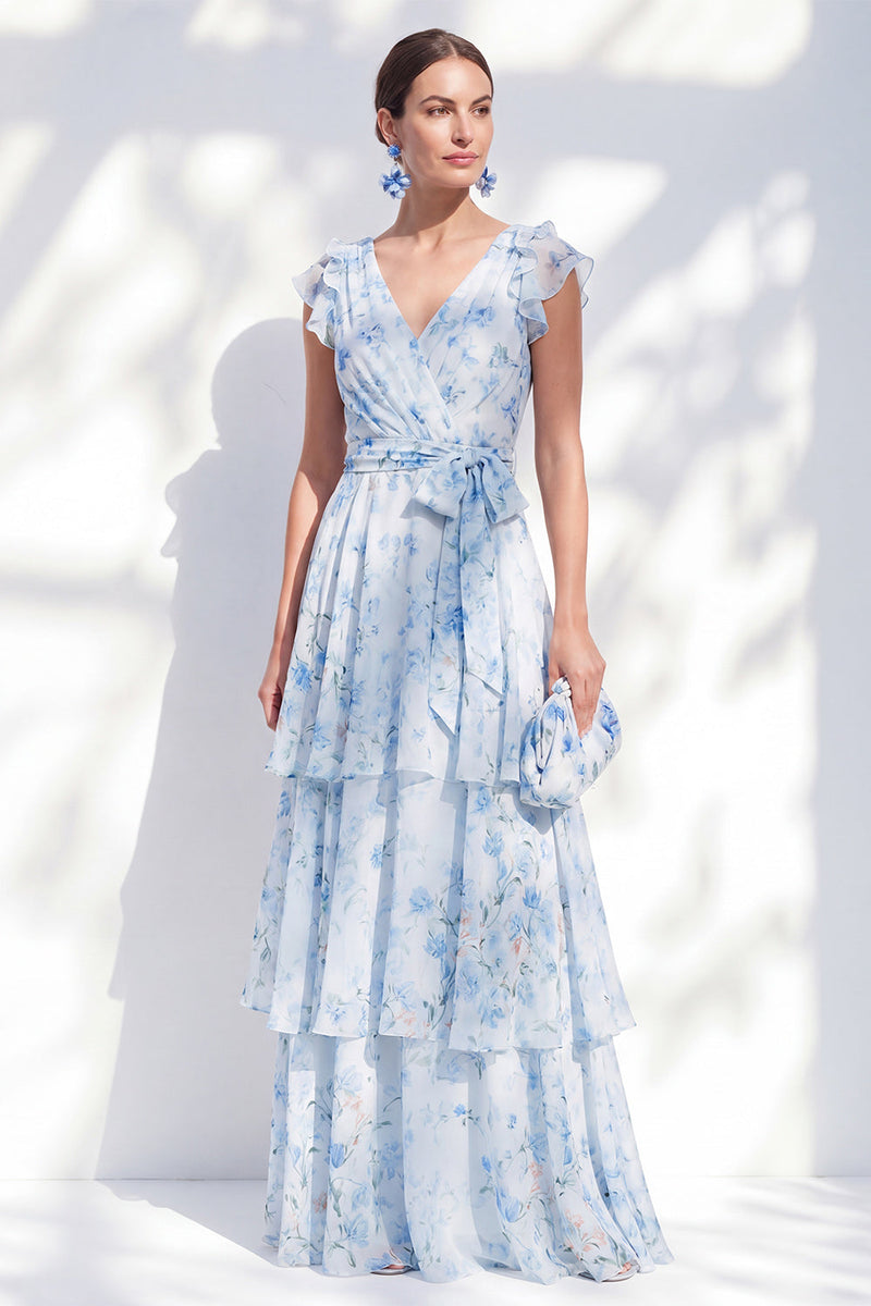 Laden Sie das Bild in den Galerie-Viewer, Chiffon-A-Linie blaues Blumenkleid mit V-Ausschnitt und gestuftem langen Rüschen-Mutter-der-Braut-Kleid mit Gürtel