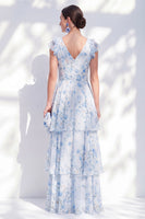 Laden Sie das Bild in den Galerie-Viewer, Chiffon-A-Linie blaues Blumenkleid mit V-Ausschnitt und gestuftem langen Rüschen-Mutter-der-Braut-Kleid mit Gürtel