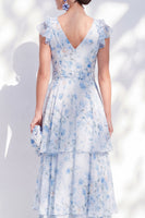 Laden Sie das Bild in den Galerie-Viewer, Chiffon-A-Linie blaues Blumenkleid mit V-Ausschnitt und gestuftem langen Rüschen-Mutter-der-Braut-Kleid mit Gürtel