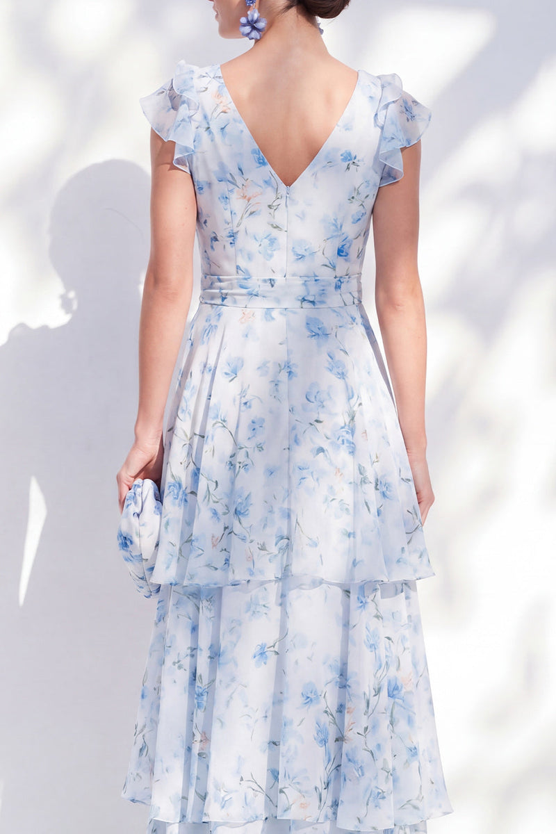 Laden Sie das Bild in den Galerie-Viewer, Chiffon-A-Linie blaues Blumenkleid mit V-Ausschnitt und gestuftem langen Rüschen-Mutter-der-Braut-Kleid mit Gürtel