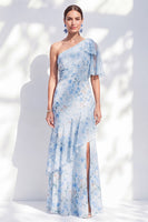 Laden Sie das Bild in den Galerie-Viewer, Chiffon-Meerjungfrauenblau, mit einer Schulter Rüschen, langes Mutter-der-Braut-Kleid mit Schlitz