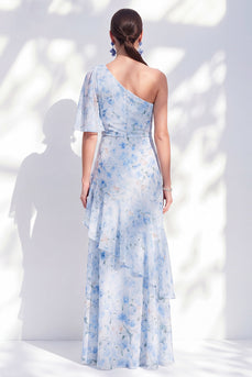 Chiffon-Meerjungfrauenblau, mit einer Schulter Rüschen, langes Mutter-der-Braut-Kleid mit Schlitz