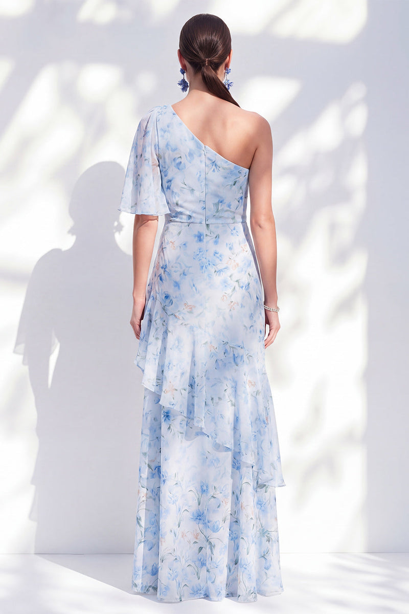 Laden Sie das Bild in den Galerie-Viewer, Chiffon-Meerjungfrauenblau, mit einer Schulter Rüschen, langes Mutter-der-Braut-Kleid mit Schlitz