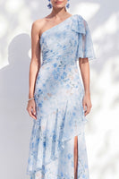 Laden Sie das Bild in den Galerie-Viewer, Chiffon-Meerjungfrauenblau, mit einer Schulter Rüschen, langes Mutter-der-Braut-Kleid mit Schlitz