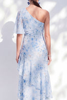 Laden Sie das Bild in den Galerie-Viewer, Chiffon-Meerjungfrauenblau, mit einer Schulter Rüschen, langes Mutter-der-Braut-Kleid mit Schlitz