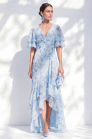 Laden Sie das Bild in den Galerie-Viewer, Meerjungfrauen-Chiffonblauer V-Ausschnitt mit Rüschen hoch, tiefes Mutter-der-der-Braut-Kleid