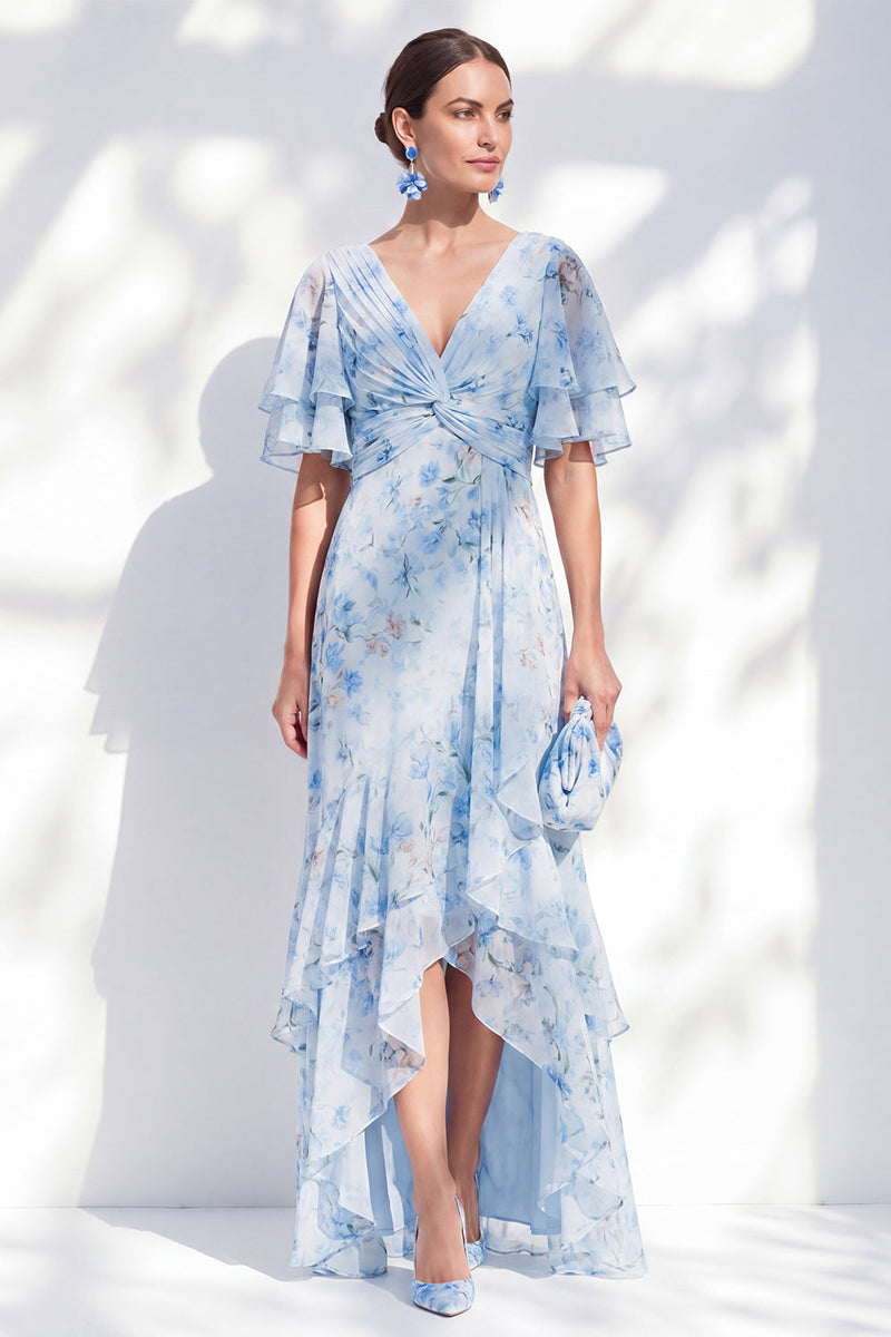 Laden Sie das Bild in den Galerie-Viewer, Meerjungfrauen-Chiffonblauer V-Ausschnitt mit Rüschen hoch, tiefes Mutter-der-der-Braut-Kleid