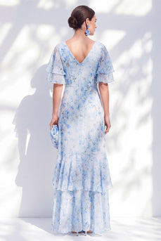 Meerjungfrauen-Chiffonblauer V-Ausschnitt mit Rüschen hoch, tiefes Mutter-der-der-Braut-Kleid