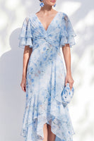 Laden Sie das Bild in den Galerie-Viewer, Meerjungfrauen-Chiffonblauer V-Ausschnitt mit Rüschen hoch, tiefes Mutter-der-der-Braut-Kleid