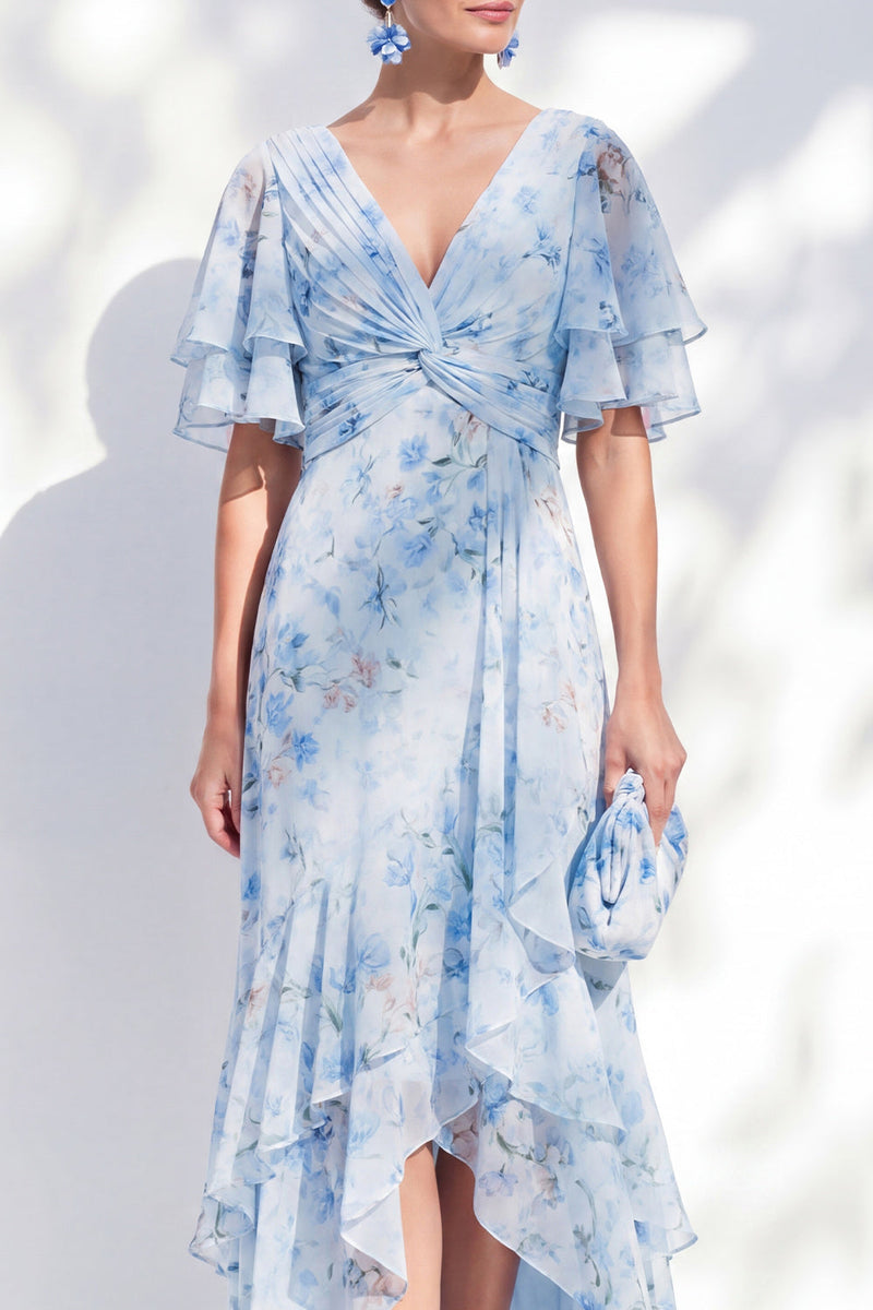 Laden Sie das Bild in den Galerie-Viewer, Meerjungfrauen-Chiffonblauer V-Ausschnitt mit Rüschen hoch, tiefes Mutter-der-der-Braut-Kleid