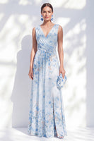 Laden Sie das Bild in den Galerie-Viewer, A-Linien-Chiffonblaues Blumenkleid mit V-Ausschnitt und langem Mutter-der-Braut-Kleid mit Schlitz