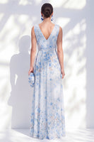 Laden Sie das Bild in den Galerie-Viewer, A-Linien-Chiffonblaues Blumenkleid mit V-Ausschnitt und langem Mutter-der-Braut-Kleid mit Schlitz