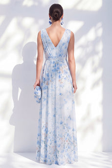 A-Linien-Chiffonblaues Blumenkleid mit V-Ausschnitt und langem Mutter-der-Braut-Kleid mit Schlitz