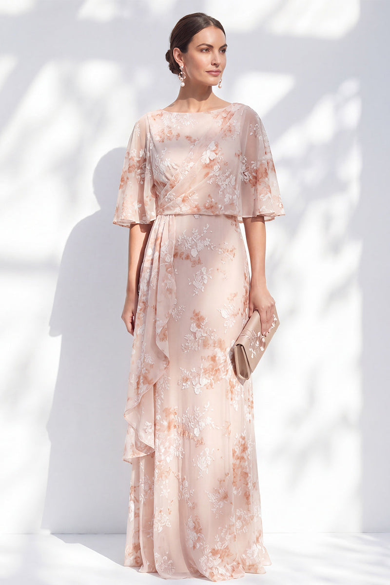 Laden Sie das Bild in den Galerie-Viewer, Meerjungfrau-Champagner-Blumenbateau-Hals mit Rüschen langes Mutter-der-Braut-Kleid