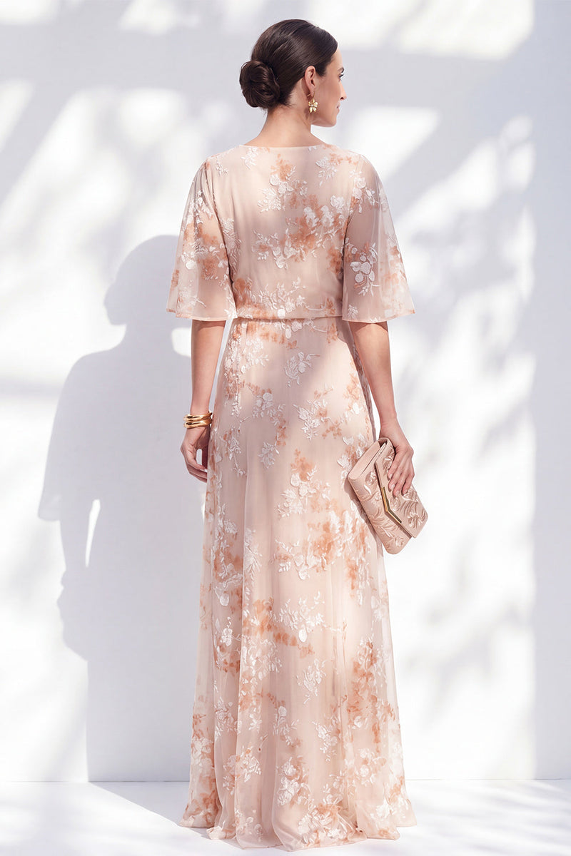 Laden Sie das Bild in den Galerie-Viewer, Meerjungfrau-Champagner-Blumenbateau-Hals mit Rüschen langes Mutter-der-Braut-Kleid