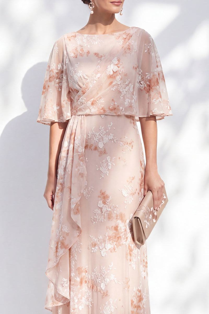 Laden Sie das Bild in den Galerie-Viewer, Meerjungfrau-Champagner-Blumenbateau-Hals mit Rüschen langes Mutter-der-Braut-Kleid