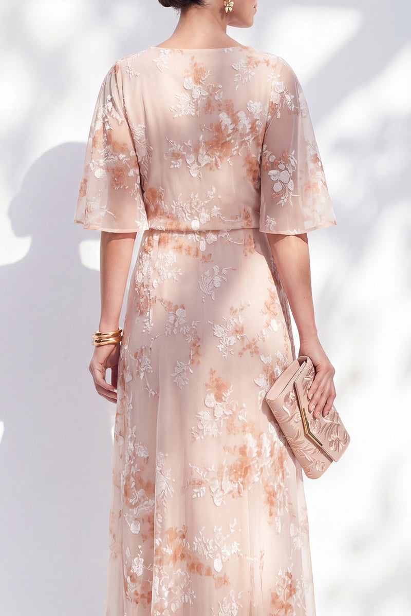 Laden Sie das Bild in den Galerie-Viewer, Meerjungfrau-Champagner-Blumenbateau-Hals mit Rüschen langes Mutter-der-Braut-Kleid