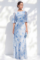 Laden Sie das Bild in den Galerie-Viewer, Meerjungfrauen-Hellblaues Chiffon-Floral-Rüschen-Bateau-Hals-Lange Mutter-der-der-Braut-Kleid