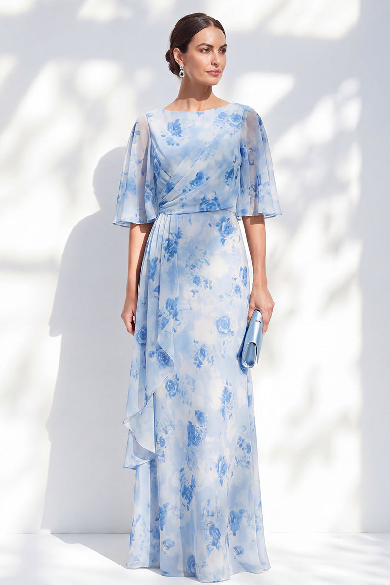 Laden Sie das Bild in den Galerie-Viewer, Meerjungfrauen-Hellblaues Chiffon-Floral-Rüschen-Bateau-Hals-Lange Mutter-der-der-Braut-Kleid
