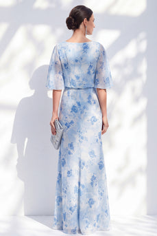 Meerjungfrauen-Hellblaues Chiffon-Floral-Rüschen-Bateau-Hals-Lange Mutter-der-der-Braut-Kleid