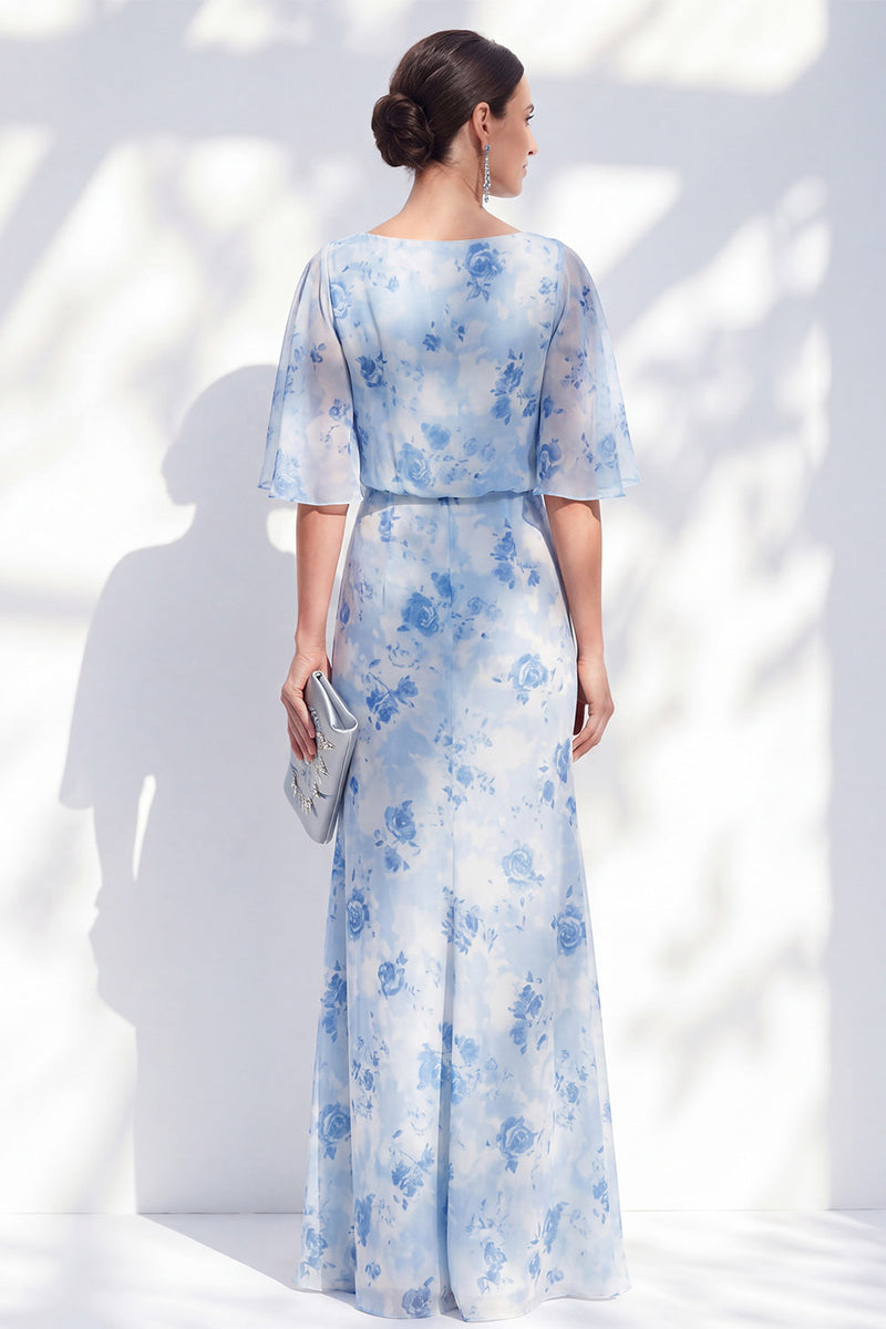 Laden Sie das Bild in den Galerie-Viewer, Meerjungfrauen-Hellblaues Chiffon-Floral-Rüschen-Bateau-Hals-Lange Mutter-der-der-Braut-Kleid