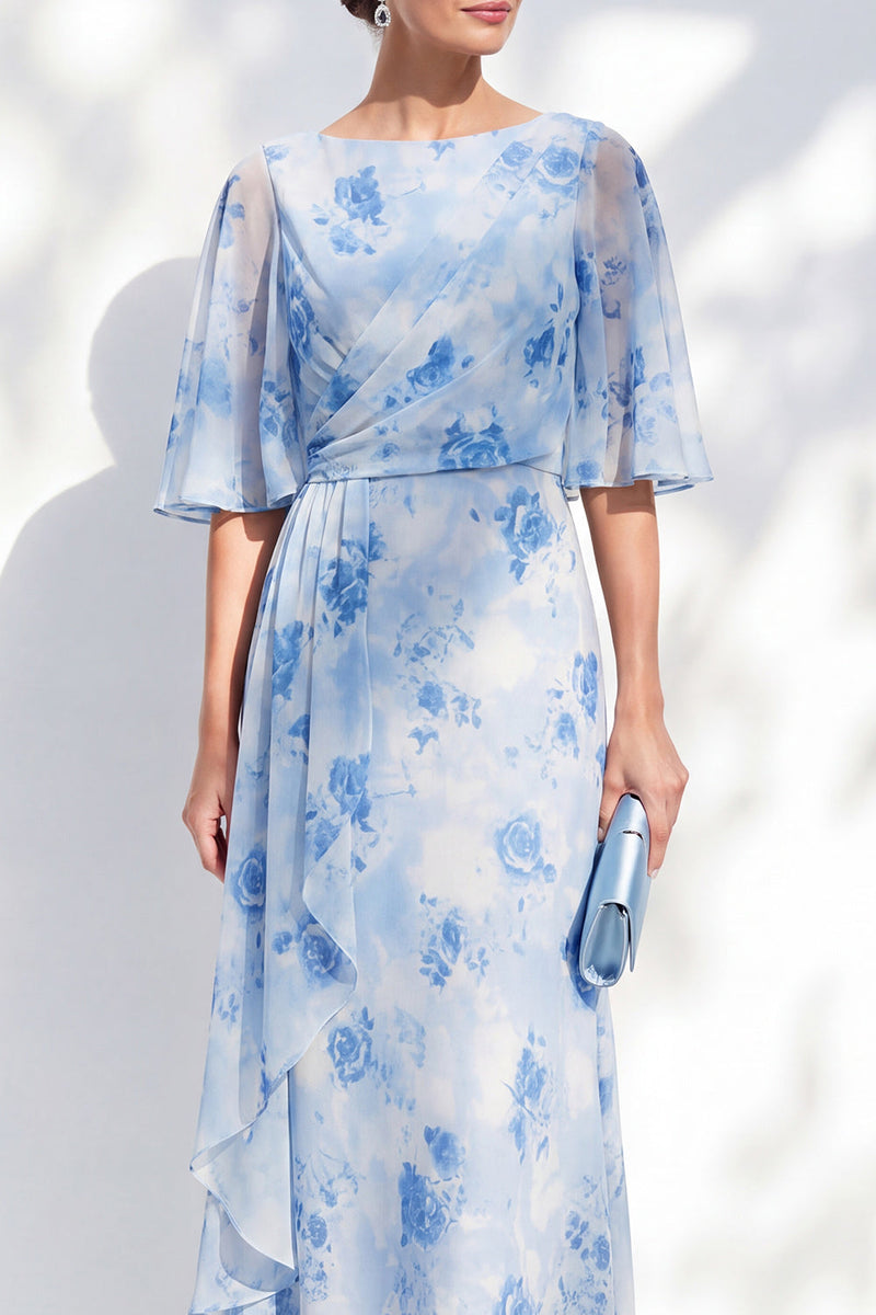 Laden Sie das Bild in den Galerie-Viewer, Meerjungfrauen-Hellblaues Chiffon-Floral-Rüschen-Bateau-Hals-Lange Mutter-der-der-Braut-Kleid