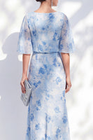 Laden Sie das Bild in den Galerie-Viewer, Meerjungfrauen-Hellblaues Chiffon-Floral-Rüschen-Bateau-Hals-Lange Mutter-der-der-Braut-Kleid