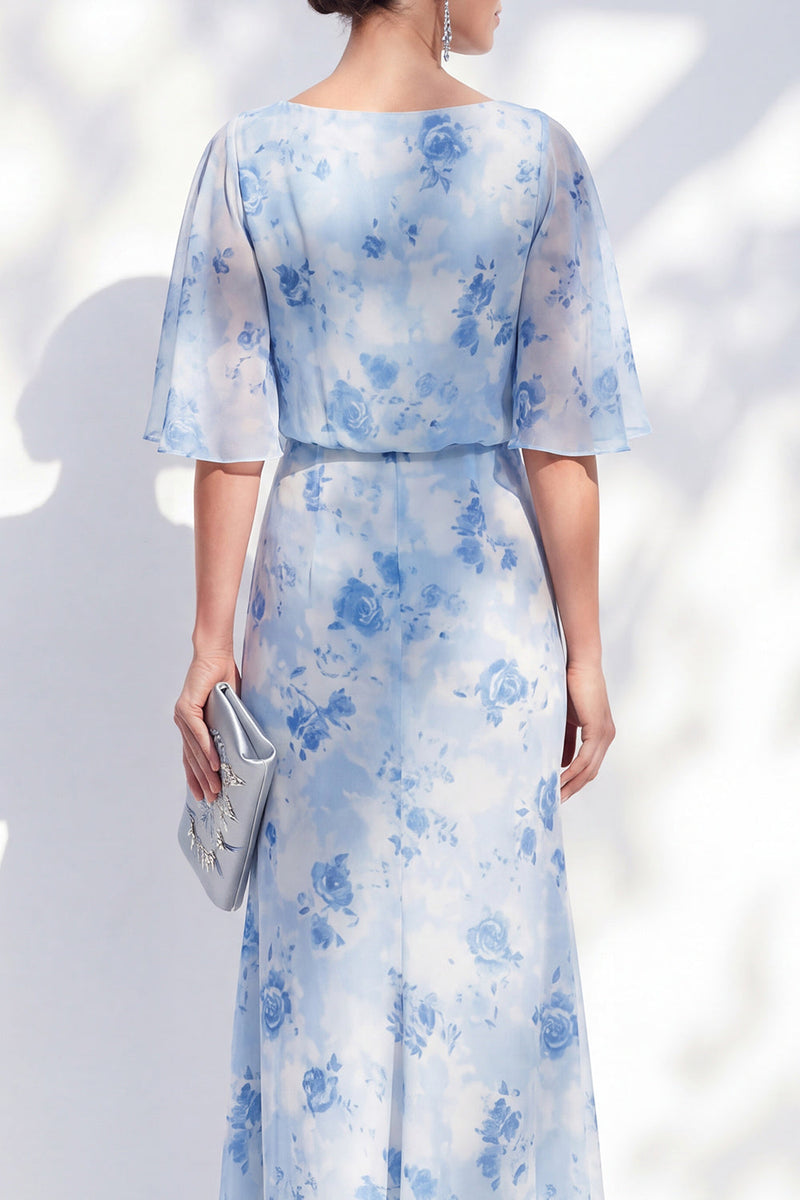 Laden Sie das Bild in den Galerie-Viewer, Meerjungfrauen-Hellblaues Chiffon-Floral-Rüschen-Bateau-Hals-Lange Mutter-der-der-Braut-Kleid