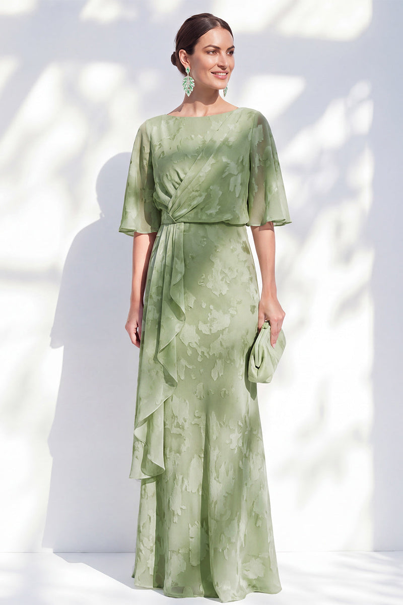Laden Sie das Bild in den Galerie-Viewer, Salbeigrüner Meerjungfrauen-Chiffon mit Blumenrüschen mit Bateau-Ausschnitt und langem Mutter-der-Braut-Kleid
