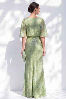 Salbeigrüner Meerjungfrauen-Chiffon mit Blumenrüschen mit Bateau-Ausschnitt und langem Mutter-der-Braut-Kleid