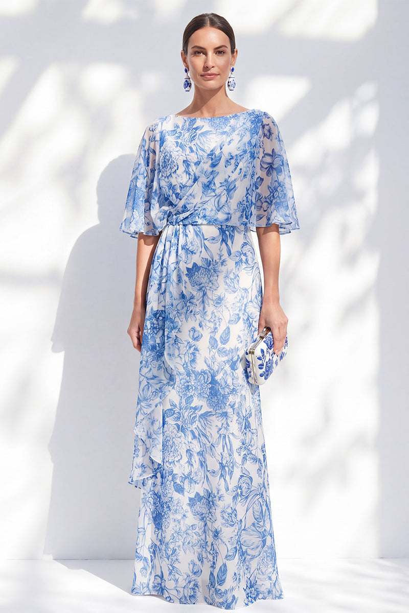 Laden Sie das Bild in den Galerie-Viewer, Weiß-blaue Blume Meerjungfrau-Chiffon-Bateau-Hals mit langem, rüschendem Mutter-der-Braut-Kleid