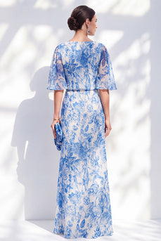 Weiß-blaue Blume Meerjungfrau-Chiffon-Bateau-Hals mit langem, rüschendem Mutter-der-Braut-Kleid